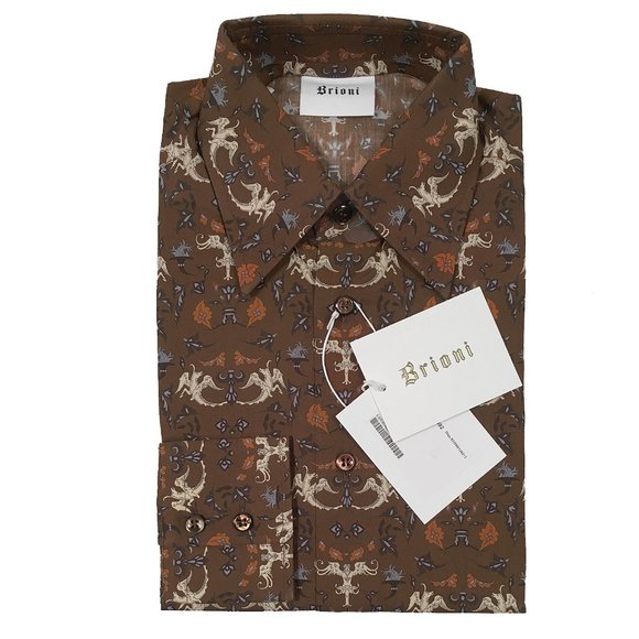 NEW $690 Brioni Fine Cotton Shirt!  XS  Brown Creme Red Medieval Dragon Design - Picture 1 of 5